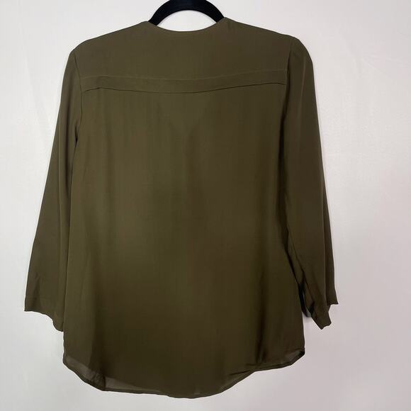 Theory Womens Small S Olive Green Brundia Silk Button Front Blouse Zip Chest Top - Picture 2 of 9